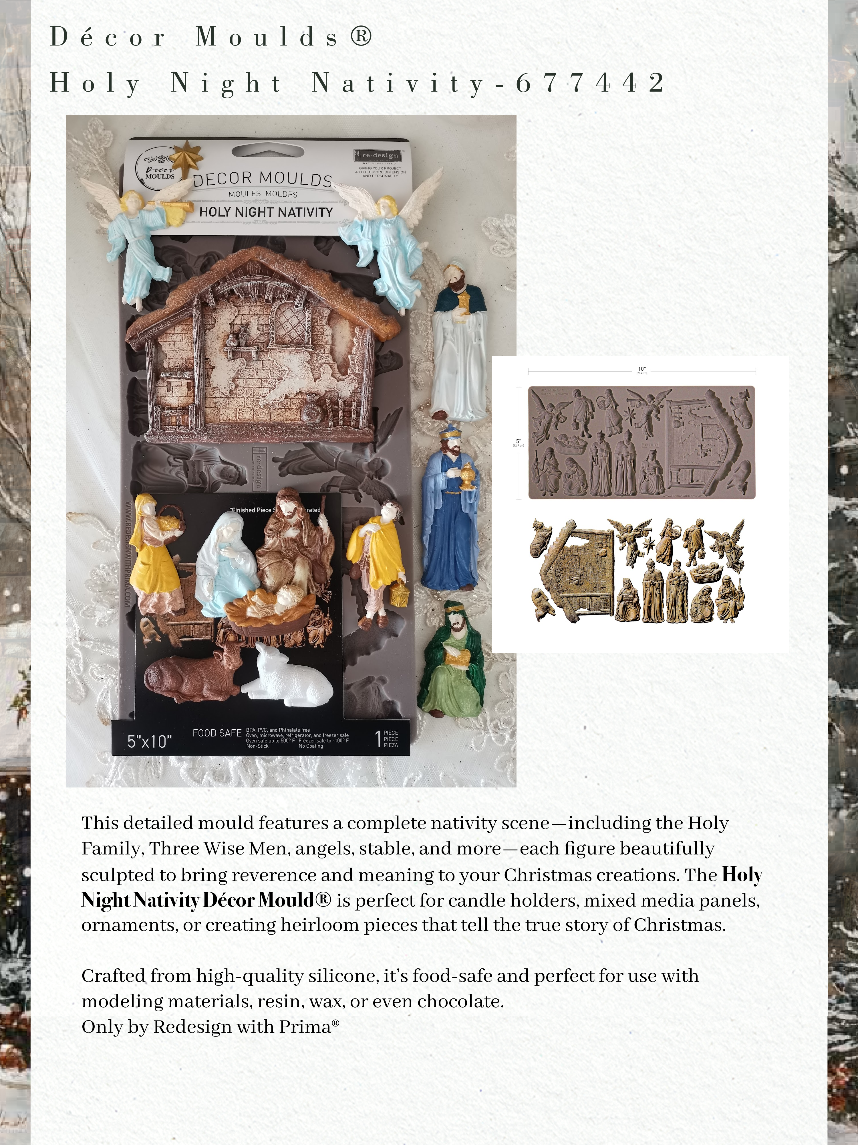 Decor Moulds Holy Night Nativity set packaging with detailed figures and text on a white background.