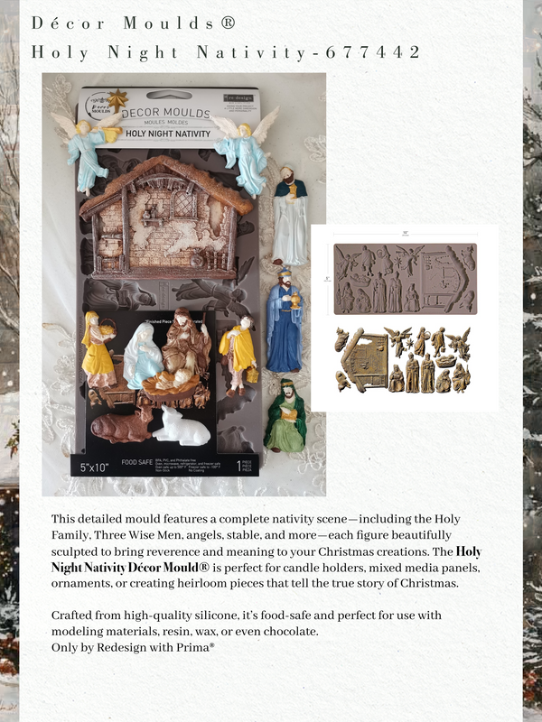 Decor Moulds Holy Night Nativity set packaging with detailed figures and text on a white background.