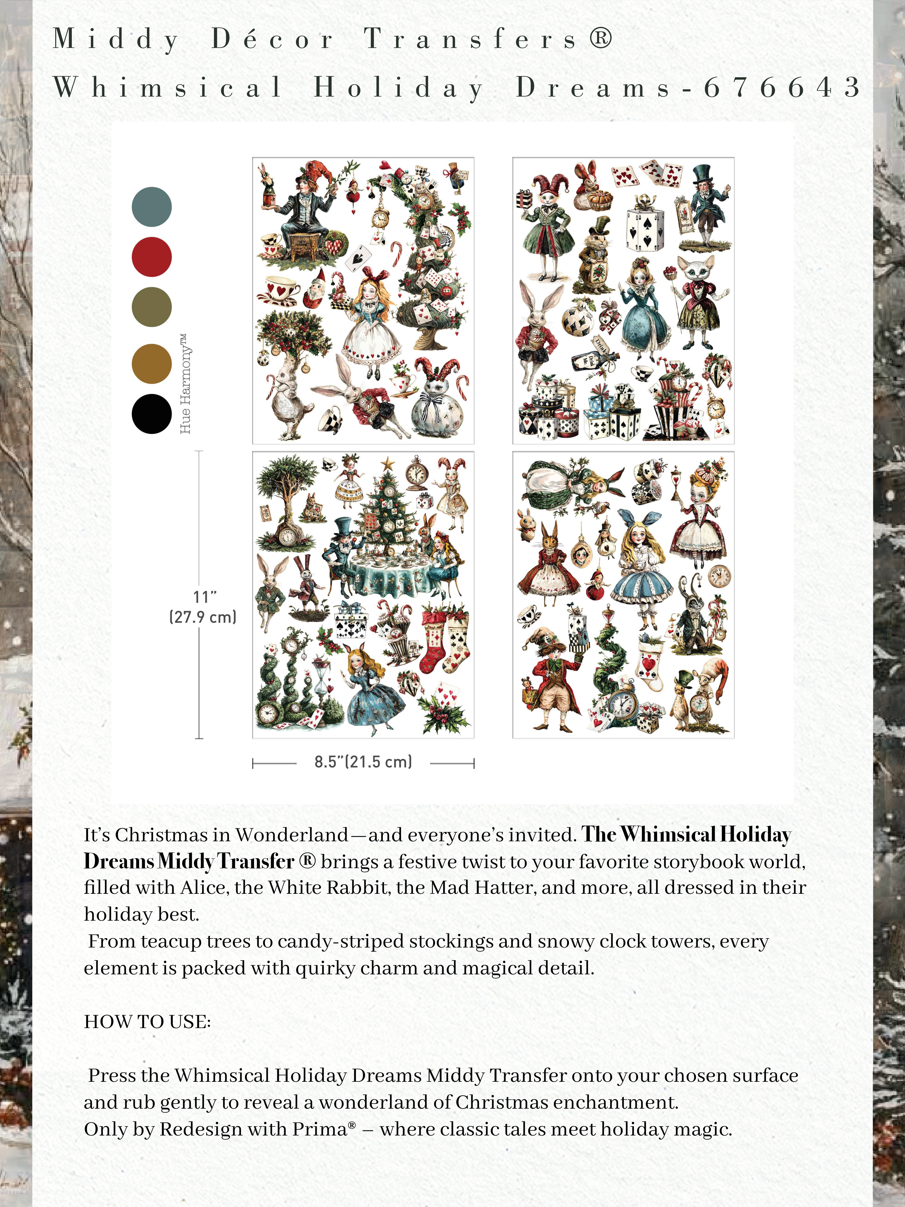 Decorative transfer sheet with Christmas-themed illustrations and color swatch.