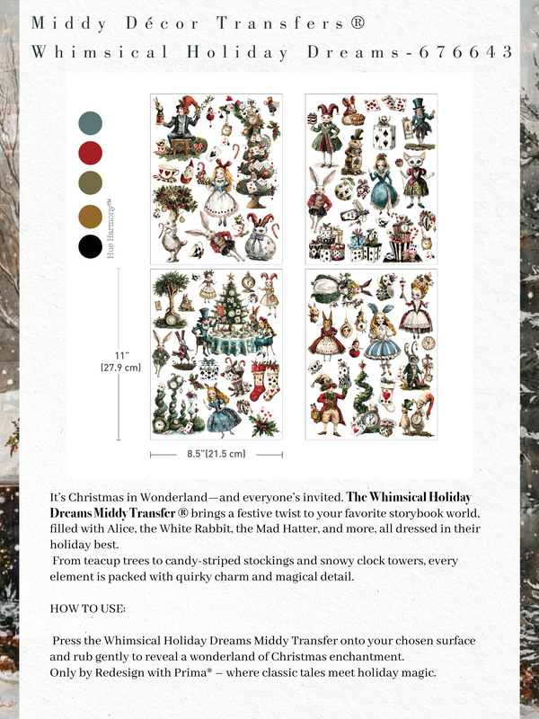 Decorative transfer sheet with Christmas-themed illustrations and color swatch.