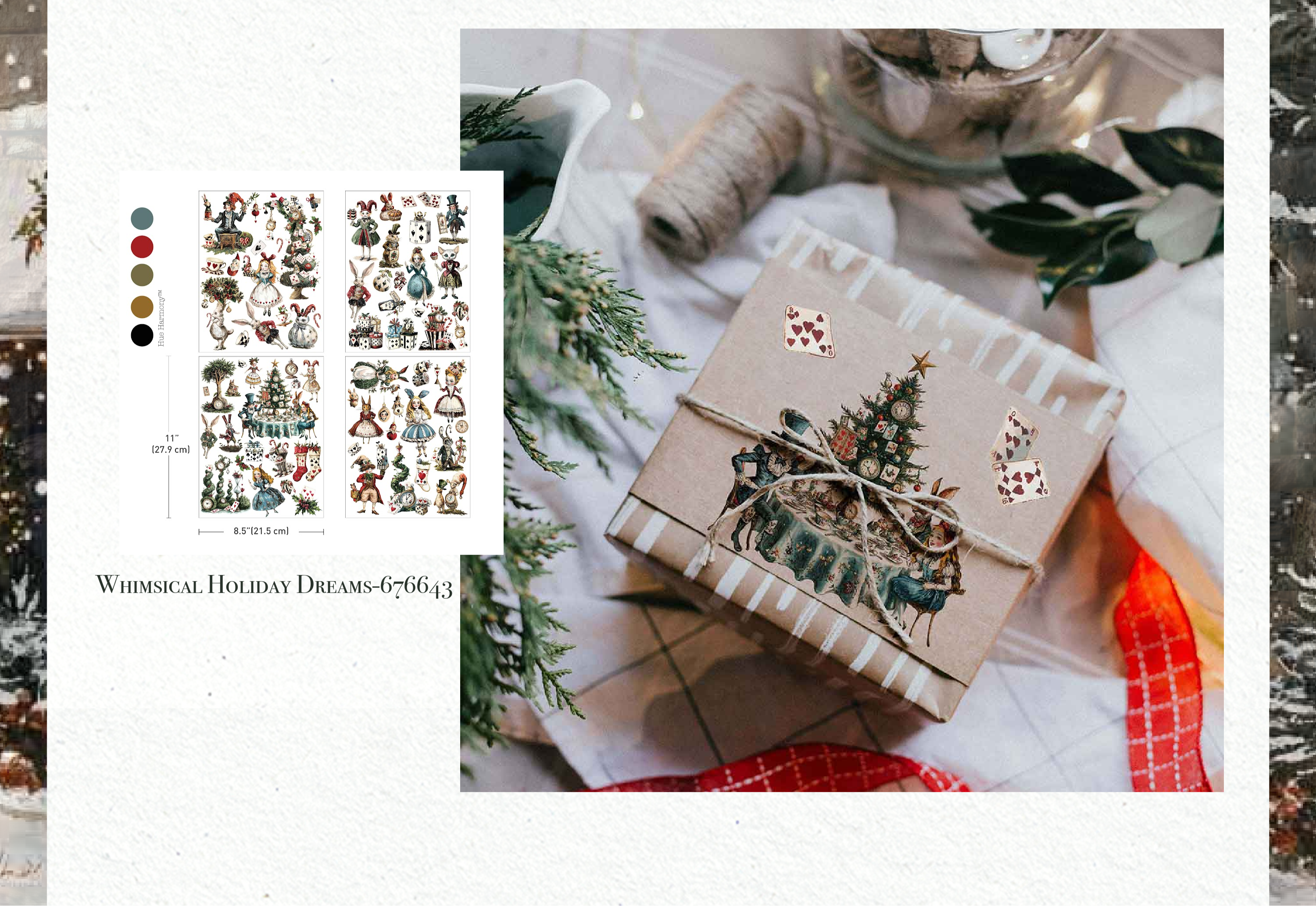 Collage of Christmas-themed items including a decorated tree, gift box, and small houses.