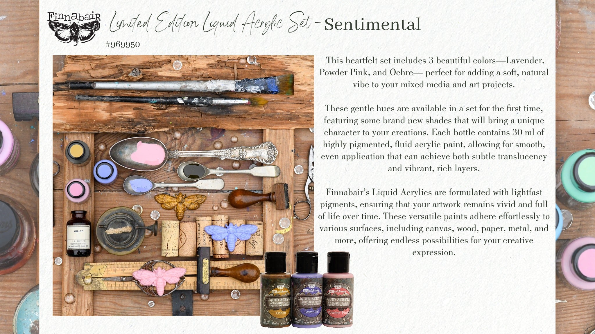 Finnabair Prima Limited Edition SENTIMENTAL Liquid Acrylic Set 3 Colors x 1 fl oz each #969950