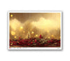 Decorative border with red flowers and gold lights on a white background