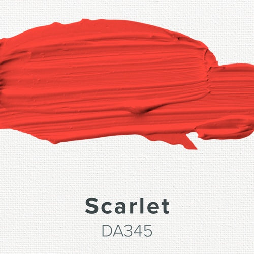 Red paint swatch labeled 'Scarlet' with color code DA345 on a white background