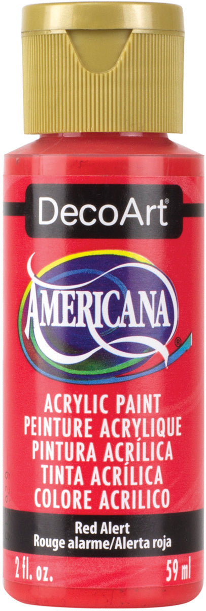 Red bottle of DecoArt Americana acrylic paint with gold cap