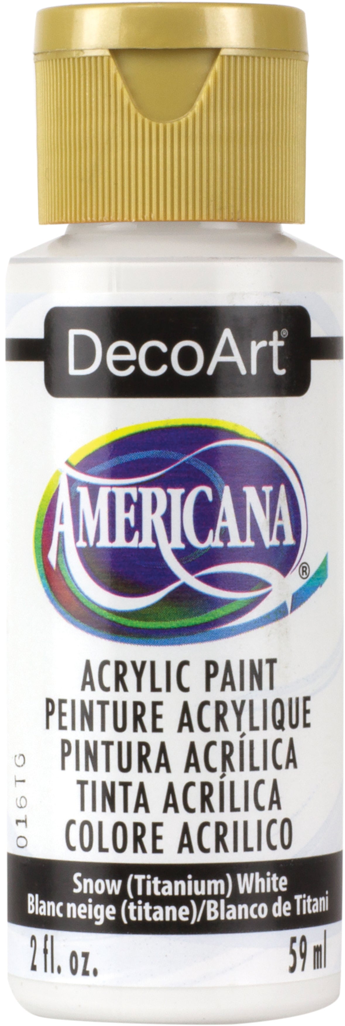 Bottle of DecoArt Americana acrylic paint in Snow (Titanium White) color