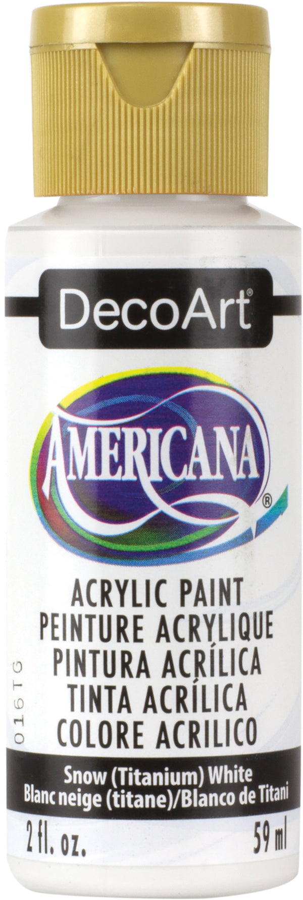 Bottle of DecoArt Americana acrylic paint in Snow (Titanium White) color