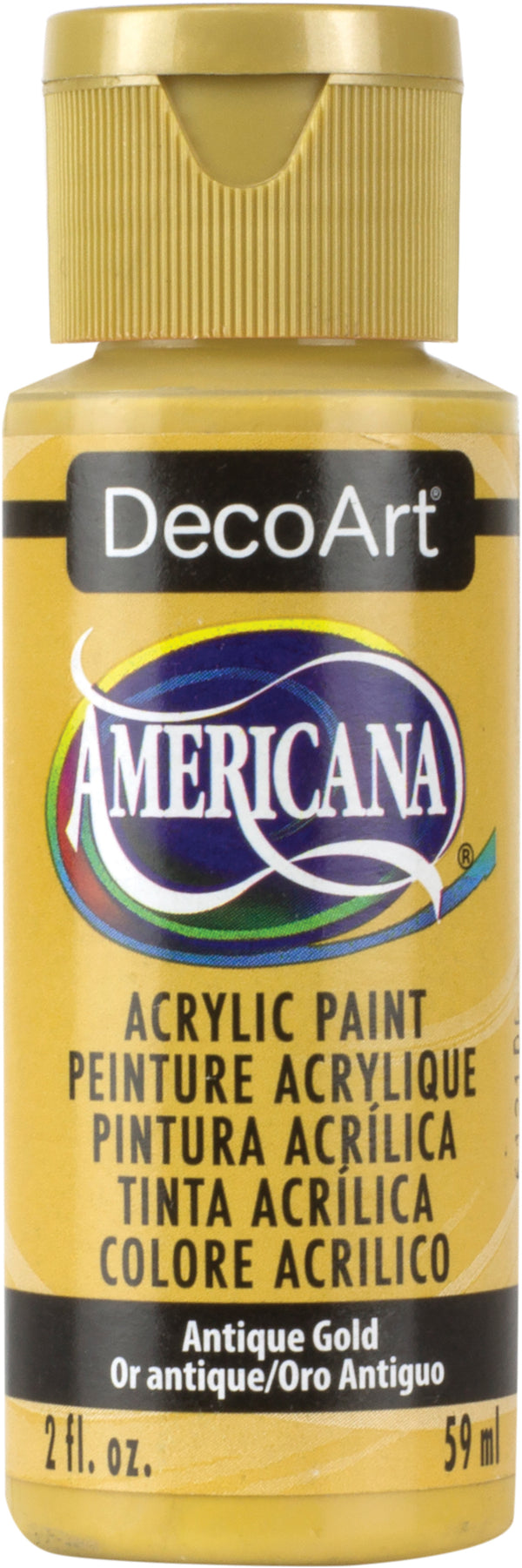 Bottle of DecoArt Americana acrylic paint in Antique Gold color