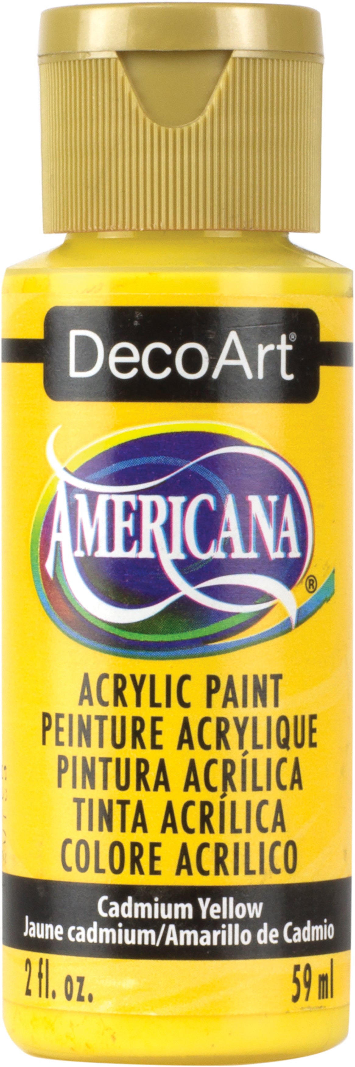 DecoArt Americana acrylic paint bottle in Cadmium Yellow on a white background