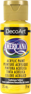 DecoArt Americana acrylic paint bottle in Cadmium Yellow on a white background
