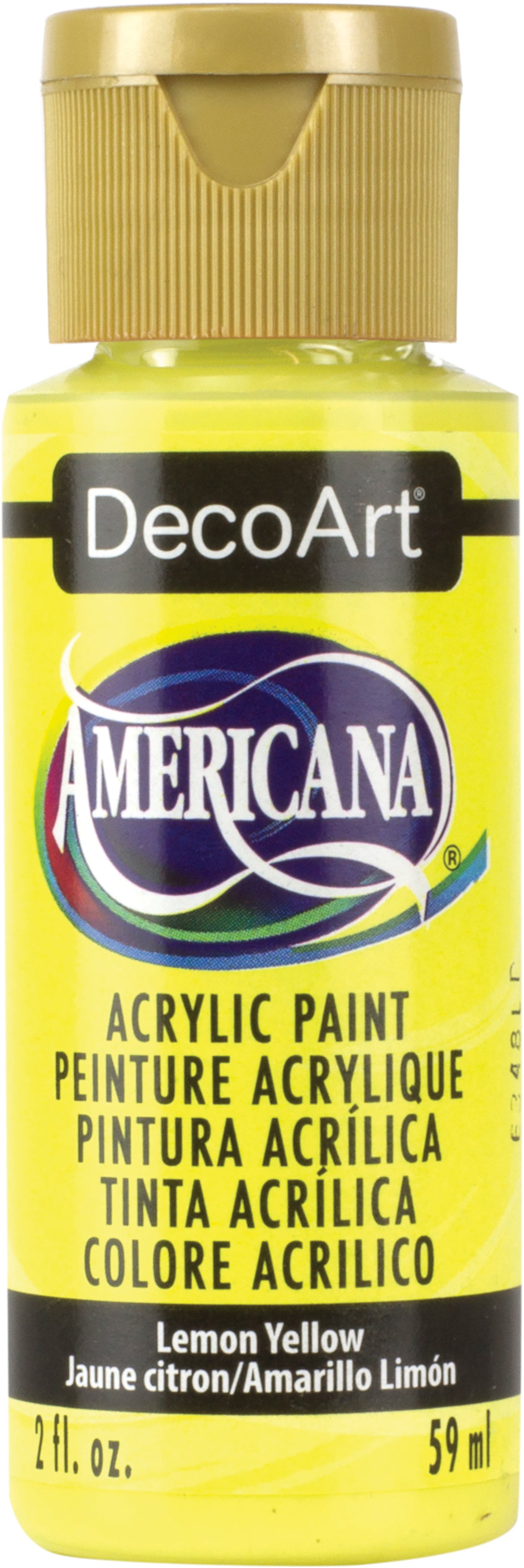 DecoArt Americana acrylic paint bottle in Lemon Yellow on a white background