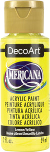 DecoArt Americana acrylic paint bottle in Lemon Yellow on a white background