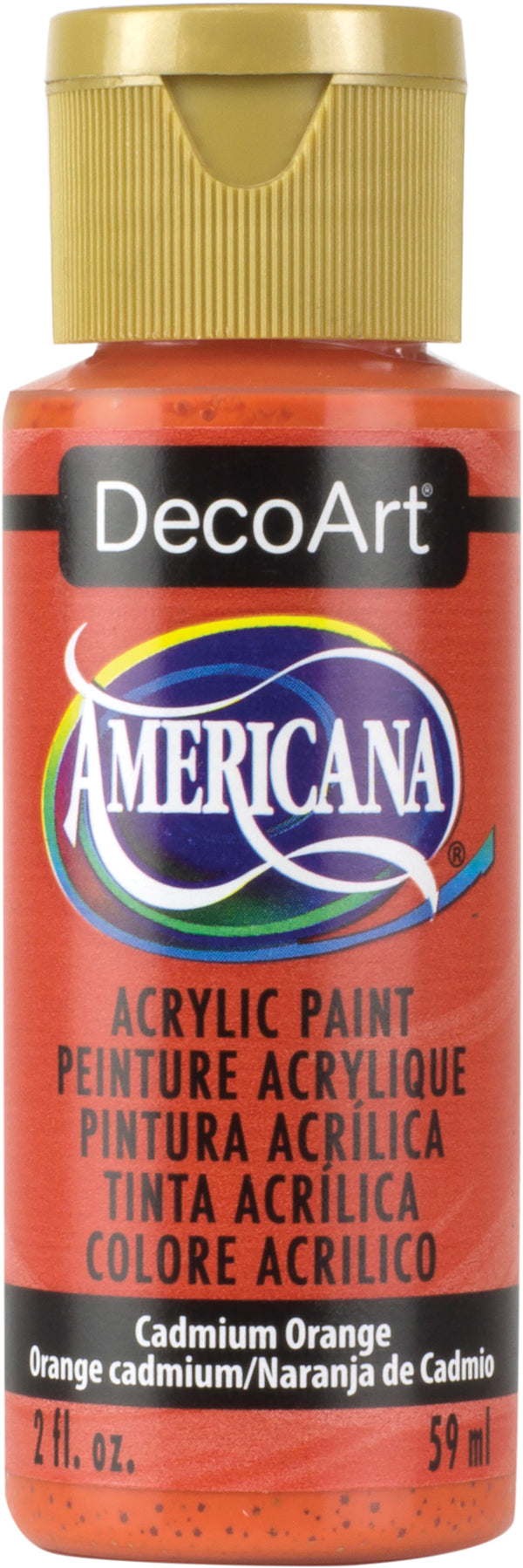 Bottle of DecoArt Americana acrylic paint in Cadmium Orange color