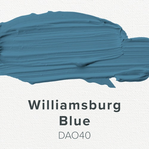Paint swatch of Williamsburg Blue color with code DAO40 on a light gray background