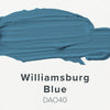 Paint swatch of Williamsburg Blue color with code DAO40 on a light gray background