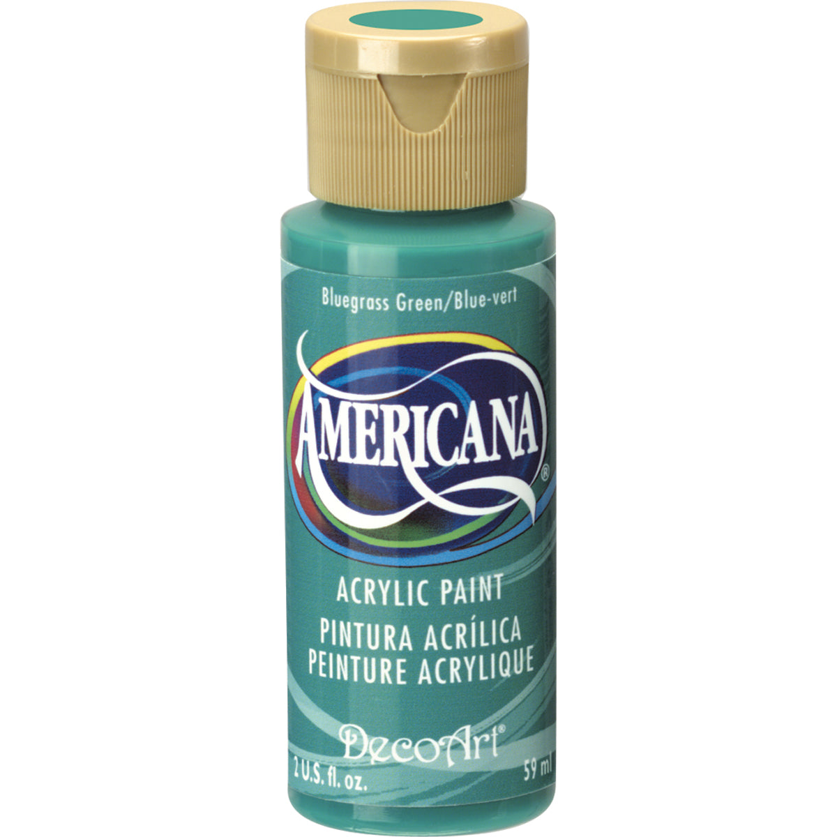 Bottle of Americana acrylic paint in Bluegrass Green on a white background