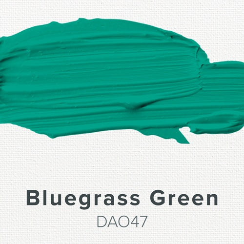 Smooshed green color swatch labeled 'Bluegrass Green' with code DAO47 on a white background