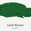Smooshed leaf green color swatch on a white background with 'Leaf Green' text and code DAO51.