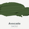 Avocado green color swatch on a white background with 'Avocado' and 'DAO52' text.