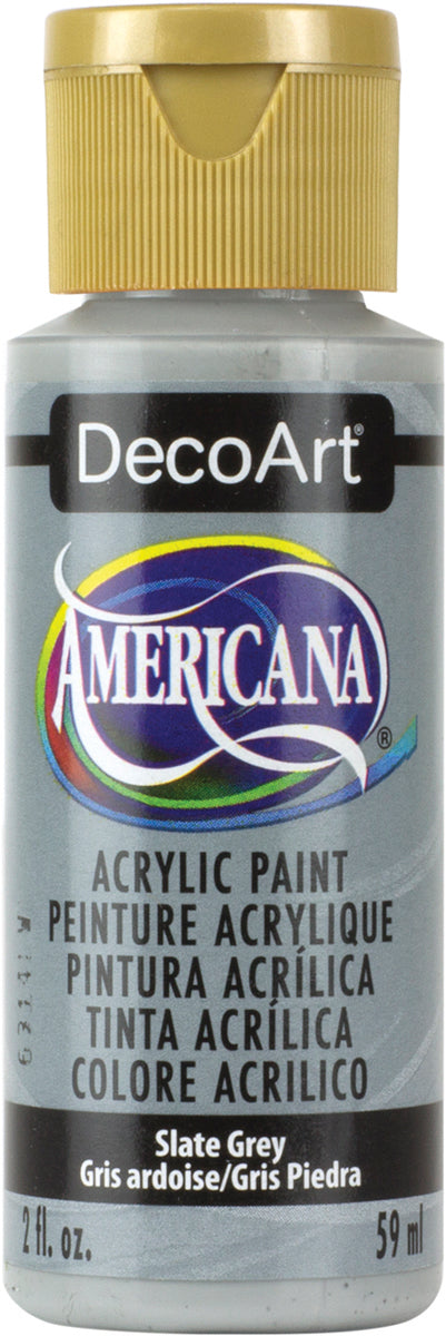 Bottle of DecoArt Americana acrylic paint in slate grey color
