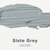 Smokey gray color swatch with 'Slate Grey' and code 'DAO68' on a light gray background