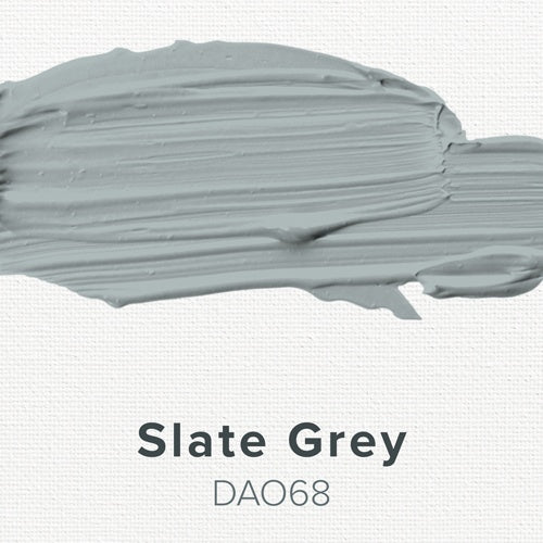 Smokey gray color swatch with 'Slate Grey' and code 'DAO68' on a light gray background