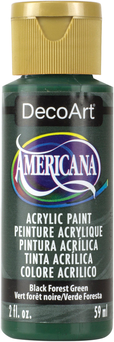 DecoArt Americana acrylic paint bottle in Black Forest Green on a white background