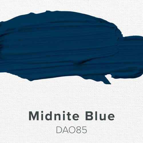 Navy blue color swatch with 'Midnite Blue' text and code DAO85 on a white background