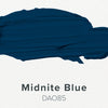 Navy blue color swatch with 'Midnite Blue' text and code DAO85 on a white background