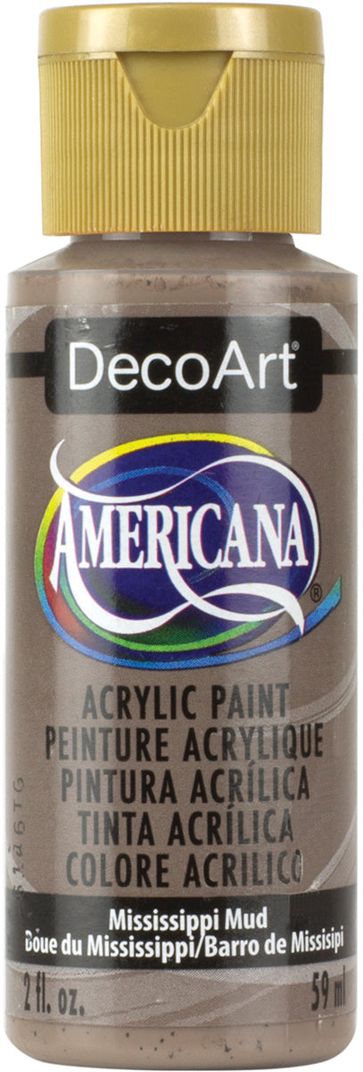 Bottle of DecoArt Americana acrylic paint in Mississippi Mud color