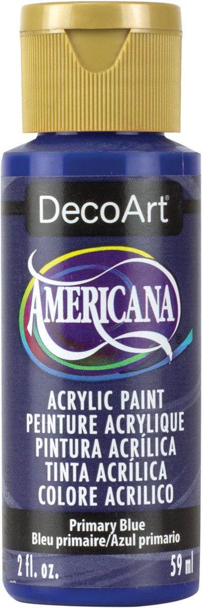 Bottle of DecoArt Americana acrylic paint in Primary Blue color