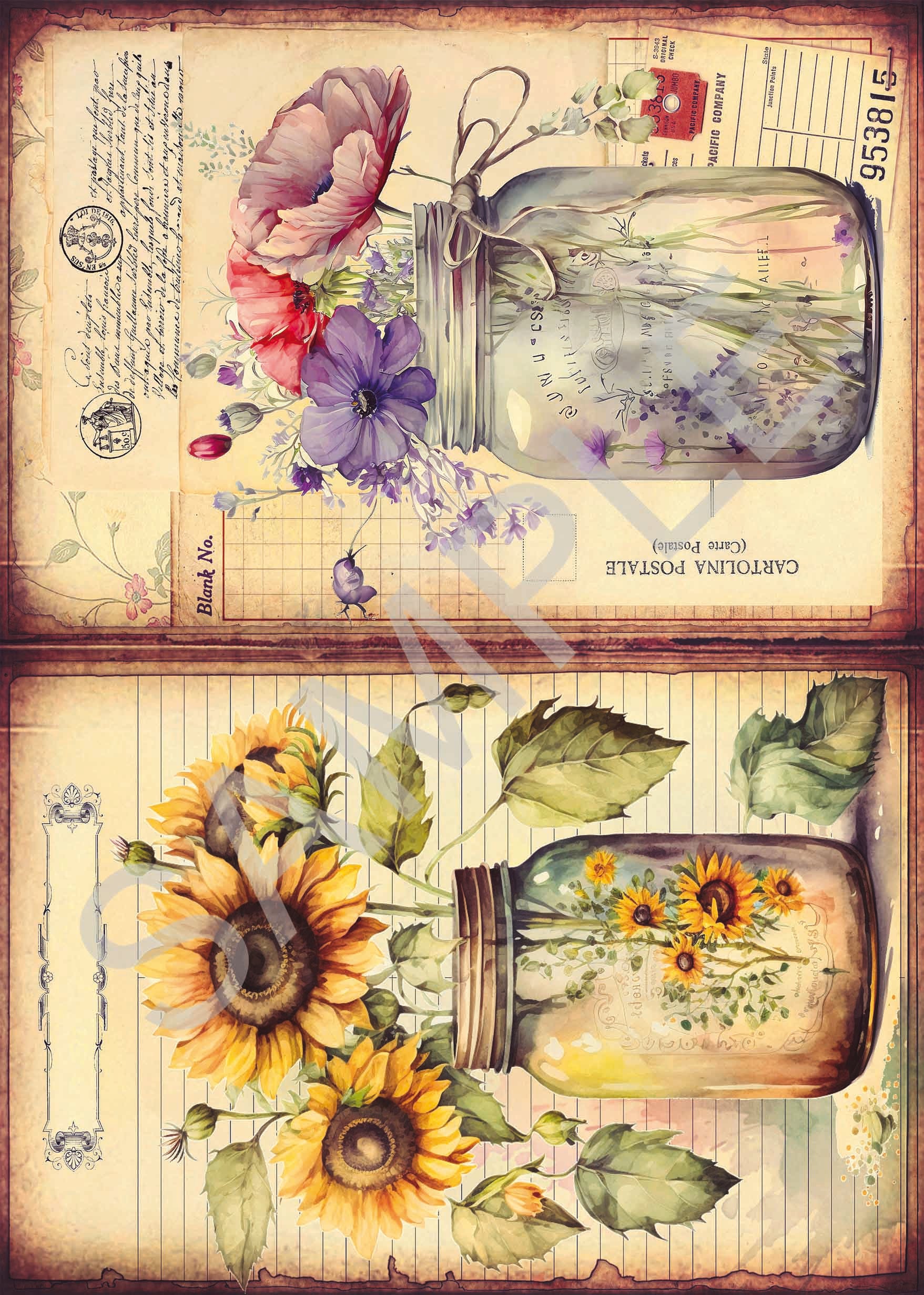 Calambour FLOWERS in Mason Jar 4 A4 Decoupage Rice Paper #2024T154