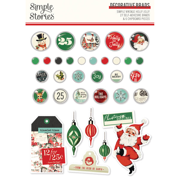 Simple Stories VINTAGE HOLLY JOLLY CHRISTMAS Decorative Brads 27 pcs + 6 Chipboard pcs #23327