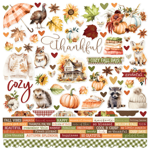 Collection of autumn-themed stickers including pumpkins, leaves, and animals on a white background.