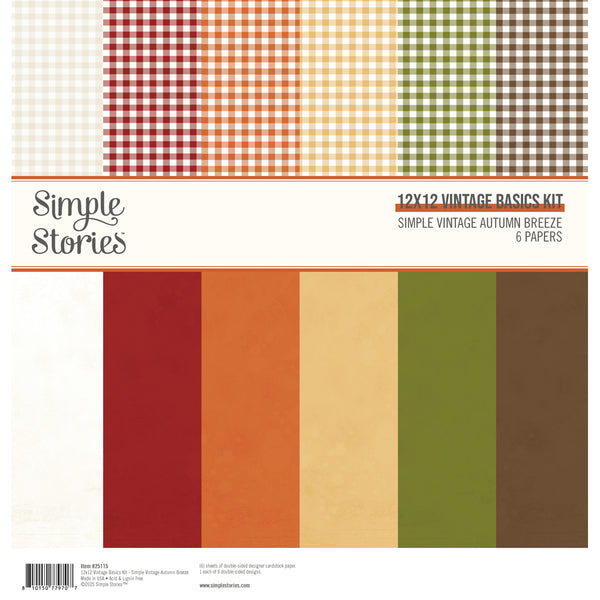 Simple Stories 12x12 Vintage Basics Kit with checkered and solid papers in autumn colors.
