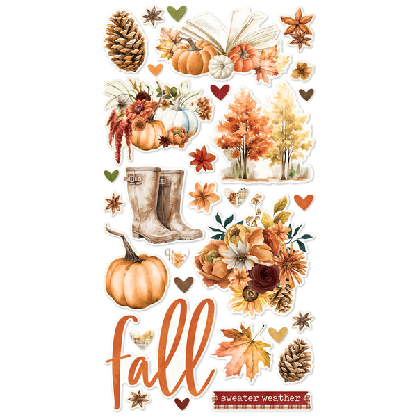 Collection of autumn-themed stickers including pumpkins, leaves, and the word 'fall' on a white background.