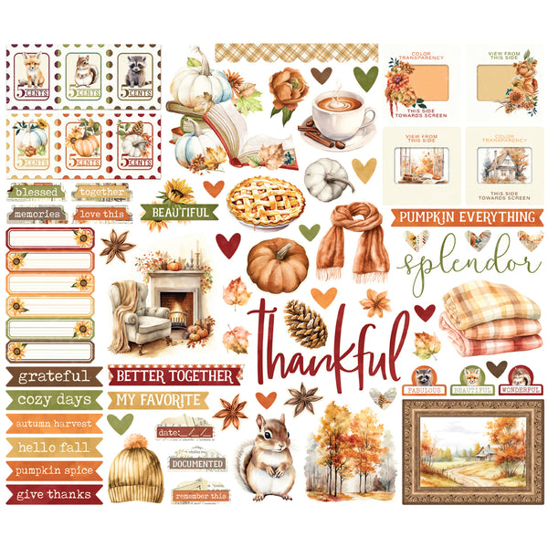Collection of autumn-themed elements including pumpkins, leaves, and cozy home scenes on a white background.