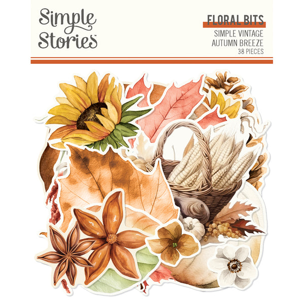 Autumn-themed ephemera set with leaves, sunflower, and cornucopia on a white background.