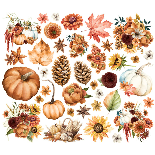 Collection of autumn-themed elements including pumpkins, leaves, and flowers on a white background