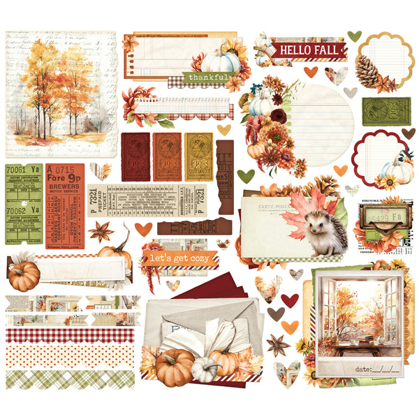 Collection of autumn-themed ephemera  with pumpkins, leaves, and scenic elements on a white background.