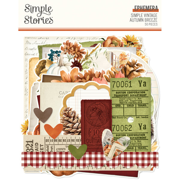 Packaging of Simple Stories 'Simple Vintage Autumn Breeze' ephemera set with autumn-themed elements.