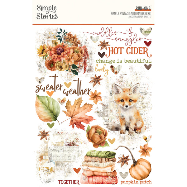 Autumn-themed design sheet with text and illustrations featuring a fox, leaves, and pumpkins.
