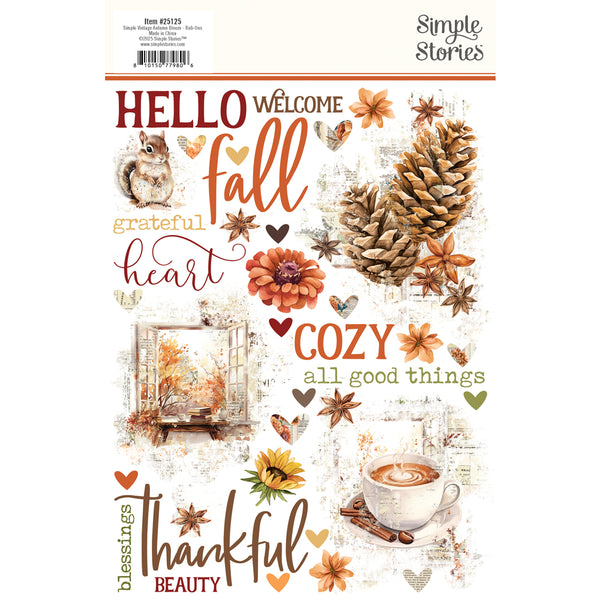 Autumn-themed decorative rub ons  with text and illustrations on a white background