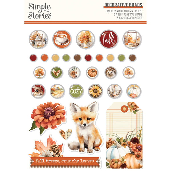 Collection of decorative brads with autumn-themed designs on a white background.