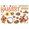 Decorative elements with 'Harvest' text and autumnal elements on a white background