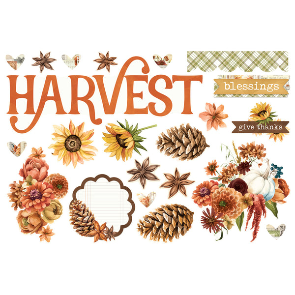 Decorative elements with 'Harvest' text and autumnal elements on a white background