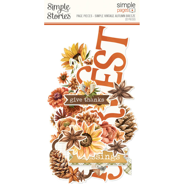 Autumn-themed decorative elements with text and floral designs on a white background, featuring the brand 'Simple Stories'.