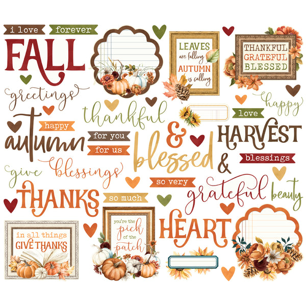 Collection of autumn-themed phrases and illustrations on a white background