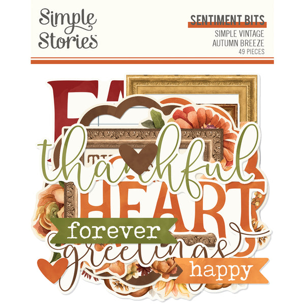 Decorative elements with text and autumn-themed graphics on a white background, featuring the brand 'Simple Stories'.