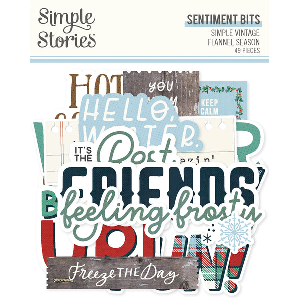 Collection of decorative sentiment ephemera with various phrases on a white background, featuring the brand 'Simple Stories'.